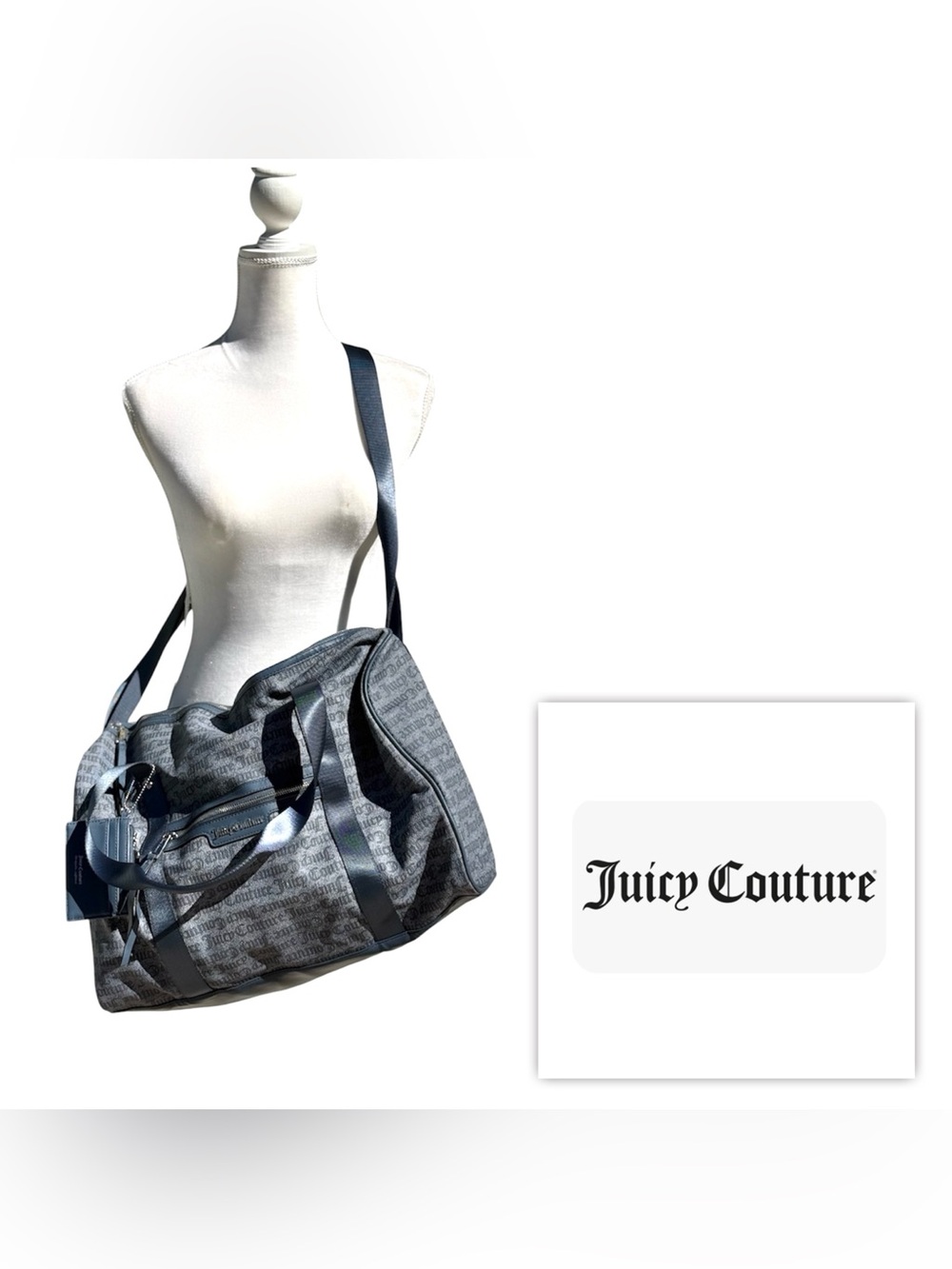 NEW Juicy Couture Denim Blue Logo Print Weekender Bag Casual Travel Duffel
